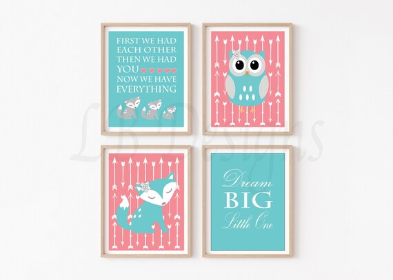Coral and Teal Baby Girl Woodland Nursery Print Boho Nursery Wall Decor Girl Fox Nursery Decor Baby Fiona Fox Print Little Spirit Decor Etsy
