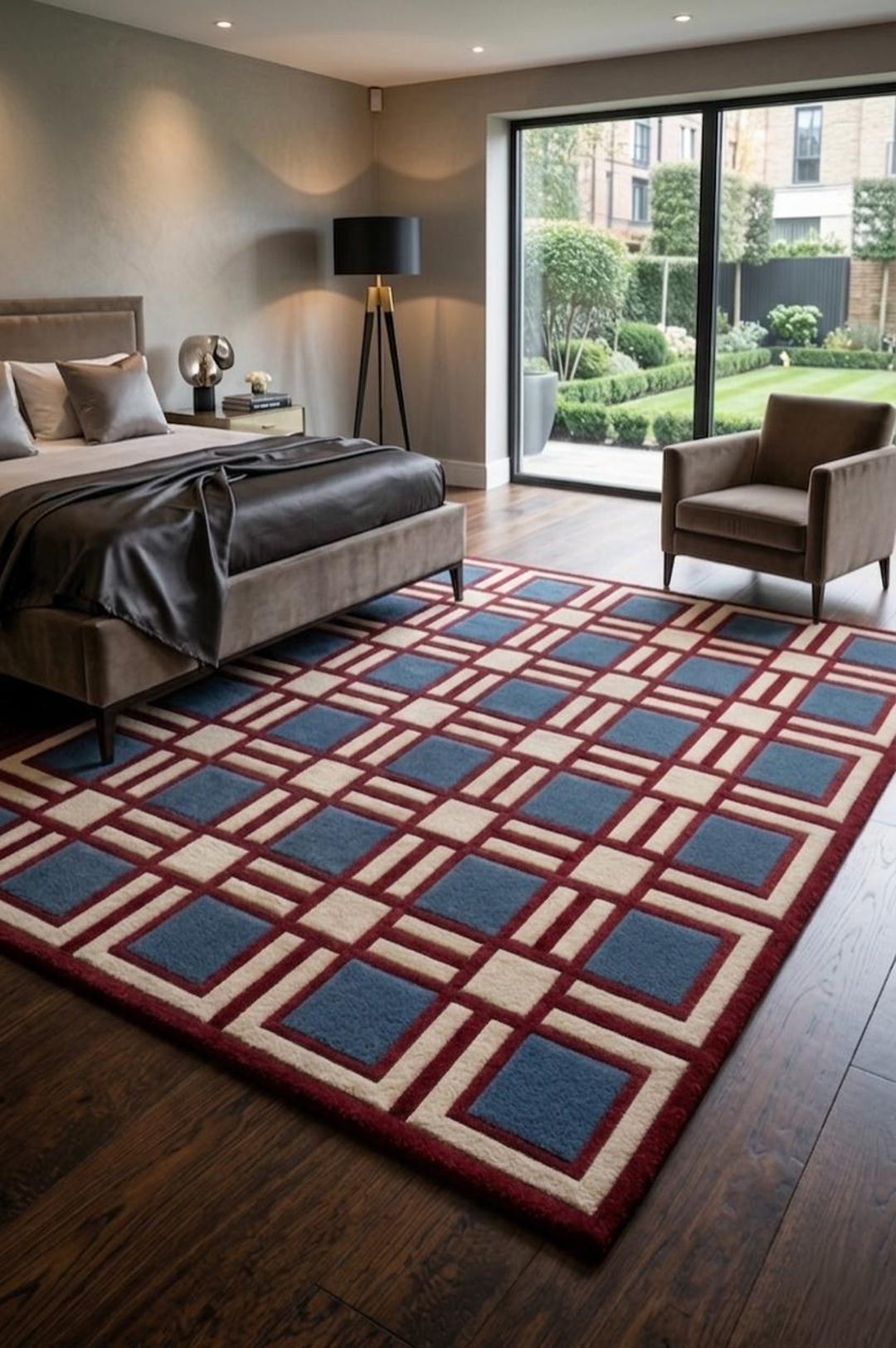 Geometric Grid Hand Tufted Area Rug, Red Blue & Cream Modern Checkered ...