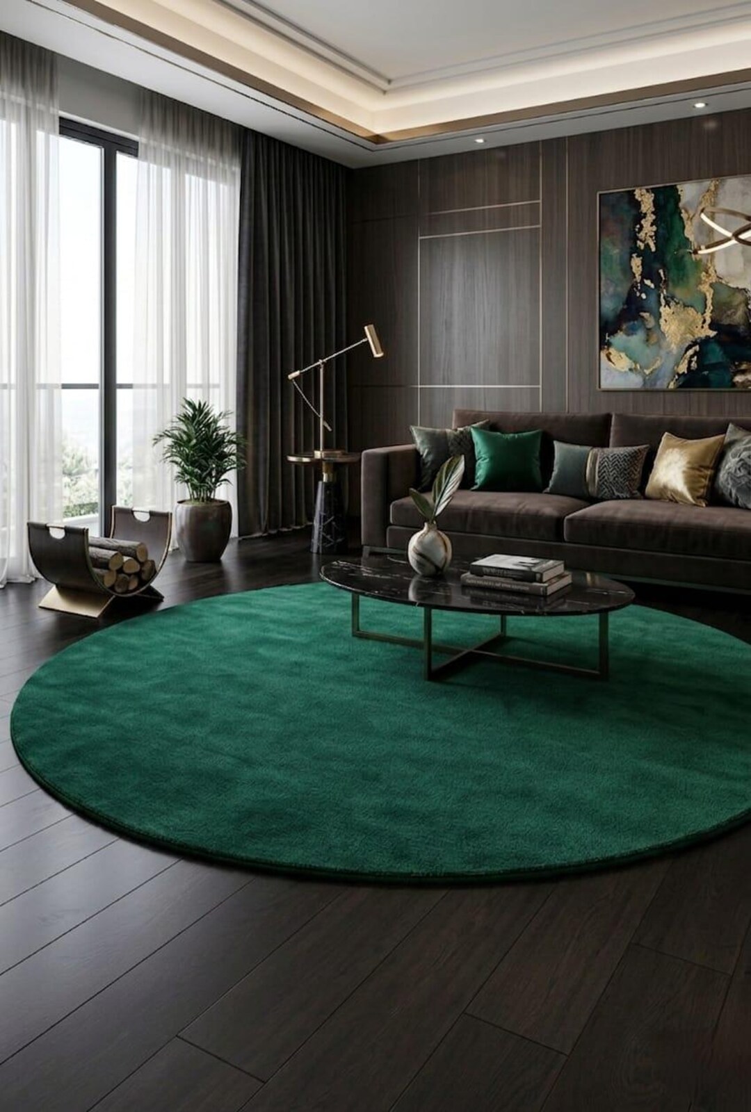 Emerald Green Round Area Rug, Hand Tufted Cut Pile Wool Carpet, Solid ...