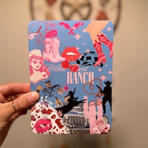 May include: A rectangular card with a blue background featuring cowboy-themed illustrations. The card includes images of cowboy boots, a cowgirl, a car, and the text "Willow Creek Ranch". The color palette includes pink, red, and blue.