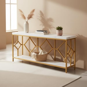 May include: A modern console table with a white marble top and a gold geometric metal frame. The table has a lower shelf and is decorated with a vase, books, a plant, and a basket with rolled-up blankets.