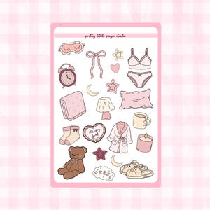 May include: A sticker sheet with hand-drawn illustrations of sleep-related items. Includes a sleep mask, alarm clock, lingerie set, blanket, pillow, socks, teddy bear, robe, slippers, and more. The text "pretty little pages studio" is at the top.