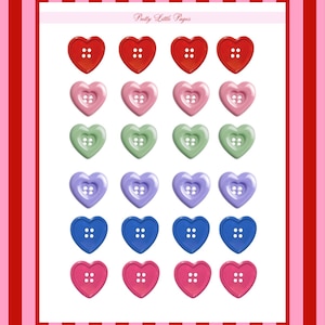 May include: A collection of heart-shaped buttons in various colors: red, pink, green, purple, blue, and fuchsia. Each button has four small holes for sewing. The background features a red and pink striped pattern, with the text "Pretty Little Pages".