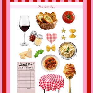 Italian Dinner Sticker Sheet | Pasta, Wine, Garlic Bread Foodie Journal Stickers