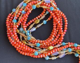 Koralle Kristall Taille Perlen | Handgemachte afrikanische Taille Perlen für Frauen | Orange & Gold Schmuck | Boho Bauch Perlen | Taillenkette