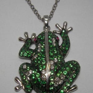 May include: A silver-toned pendant shaped like a frog, suspended from a matching chain. The frog's body is covered in small, sparkling green stones with scattered clear white stones and two small red stones for eyes, featuring a central silver line.