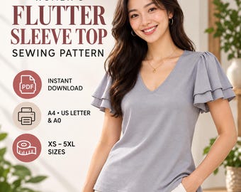 Flutter Sleeve Knit Top Sewing Pattern, V Neck Shirt PDF, XXS-5XL