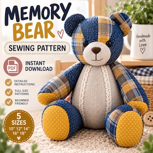 May include: A Memory Bear sewing pattern PDF instant download featuring a stuffed bear made of blue and yellow plaid fabric with yellow polka dot accents on the paws and a beige chest panel. Text includes 5 sizes: 10, 12, 14, 16, 18 inches.