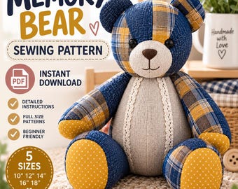 Memory Bear Sewing Pattern, Patchwork Memory Bear, Keepsake Teddy Bear PDF, Teddy Bear Pattern, Stuffed Bear Sewing Pattern