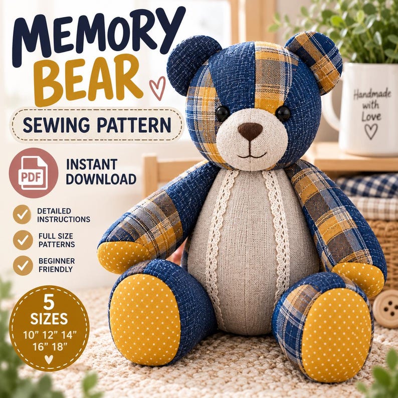 May include: A Memory Bear sewing pattern PDF instant download featuring a stuffed bear made of blue and yellow plaid fabric with yellow polka dot accents on the paws and a beige chest panel. Text includes 5 sizes: 10, 12, 14, 16, 18 inches.