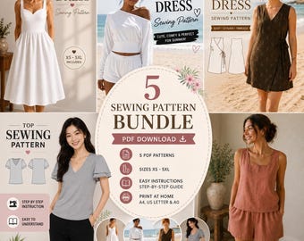 5 Pattern Sewing Bundle, Wrap Dress, Tank Top, Shorts & Beach Cover Up PDF