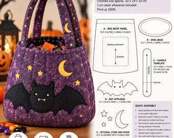 Halloween Sewing Pattern, Quilted Tote Bag Pattern, Bat Bag, Trick or Treat Bag, Halloween Tote PDF, A4 US Letter A0