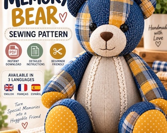 Naaipatroon voor een herinneringsbeer, patchwork herinneringsbeer, aandenken teddybeer PDF, teddybeerpatroon, naaipatroon voor een knuffelbeer