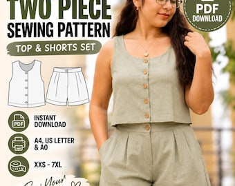 Sleeveless Top and Shorts Set Sewing Pattern, Button Front, PDF, XS-5XL