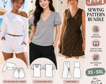 3-in-1 Women's Sewing Pattern Bundle: Wrap Dress, Linen Lounge Set, Flutter Top (PDF)