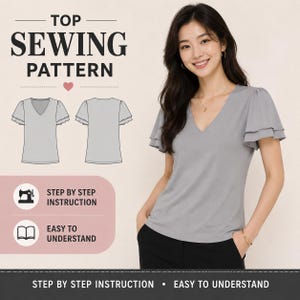 May include: A woman wearing a gray V-neck top with ruffled sleeves. The image includes a sewing pattern diagram and text that reads "TOP SEWING PATTERN", "STEP BY STEP INSTRUCTION", and "EASY TO UNDERSTAND".