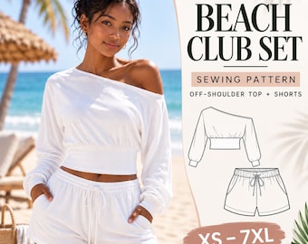 Beach Club Set Sewing Pattern, Off-Shoulder Top & Shorts (PDF Download)