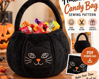 Naaipatroon voor een Halloween snoepzak met zwarte kat, snoepzak (PDF), patroon voor een Halloween traktatiezak