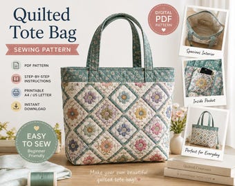 Quilted Tote Bag Sewing Pattern, Beginner Friendly PDF (Digital Download)