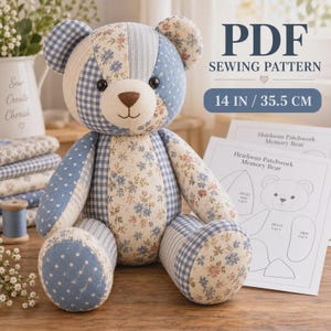 Memory Bear Sewing Pattern PDF, Patchwork Teddy Bear, Keepsake Bear Pattern, Memory Clothing Bear, A4 US Letter, A0 Projector