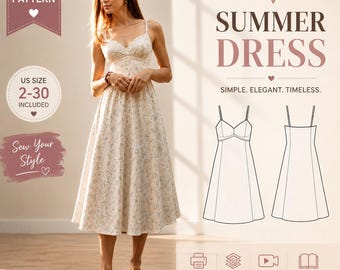 V-Neck A-Line Midi Dress Sewing Pattern, Spaghetti Strap (Digital PDF)
