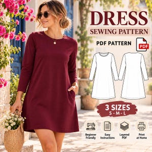 Könnte beinhalten: Ein digitales PDF-Schnittmuster für ein langärmeliges Kleid mit Taschen. Das Bild zeigt den Text DRESS SEWING PATTERN, PDF PATTERN und 3 SIZES S-M-L. Es enthält eine Strichzeichnung der Vorder- und Rückseite des Kleides sowie vier Symbole.