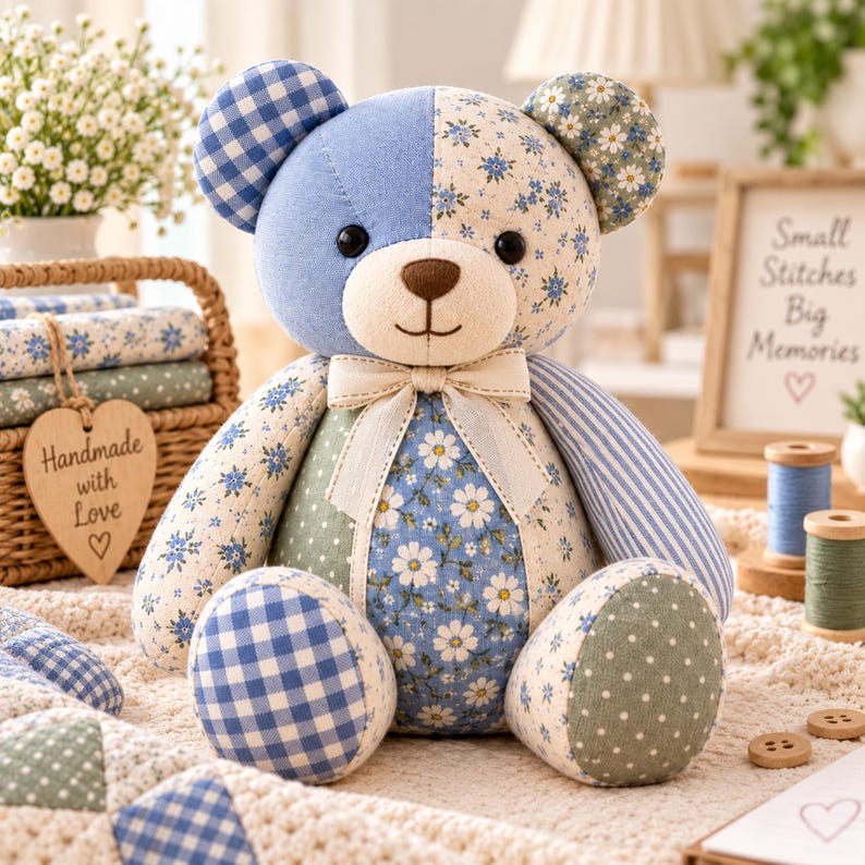 May include: A stuffed teddy bear crafted from various fabric patches in shades of blue, white, and sage green. The bear features floral patterns, gingham checks, and polka dots, with a cream-colored ribbon tied around its neck and a brown nose.