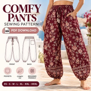 May include: A sewing pattern for comfy pants, featuring a PDF download label, a line drawing of the front and back of the pants, and a photograph of burgundy pants with a floral pattern, an elastic waistband with a drawstring, and pockets.