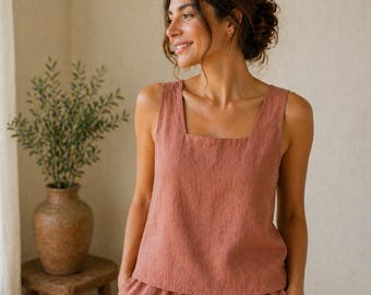 Square Neck Linen Tank Top Sewing Pattern, Crop Blouse PDF, XS-4XL