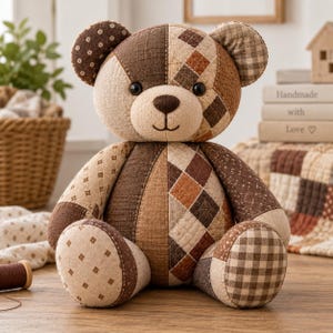 May include: A stuffed teddy bear constructed from various fabric patches in shades of brown, tan, and cream. The bear features a patchwork design with patterns including diamonds, gingham, and small floral prints, with black button eyes and a stitched nose.