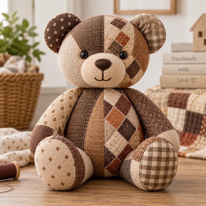 May include: A stuffed teddy bear constructed from various fabric patches in shades of brown, tan, and cream. The bear features a patchwork design with patterns including diamonds, gingham, and small floral prints, with black button eyes and a stitched nose.
