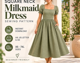 Milkmaid Dress Sewing Pattern, Square Neck Puff Sleeve Dress, Midi Maxi PDF Pattern, XS-5XL / 7XL