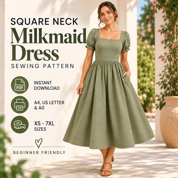 Wykrój sukienki Milkmaid, sukienka z kwadratowym dekoltem i bufiastymi rękawami, wykrój midi maxi w formacie PDF, XS-5XL / 7XL