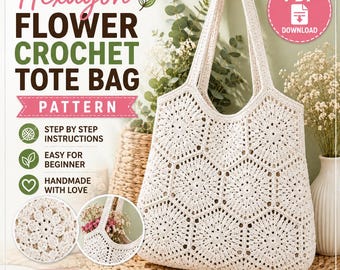 Hexagon Flower Crochet Tote Bag Pattern, Boho Market Bag (PDF Download)