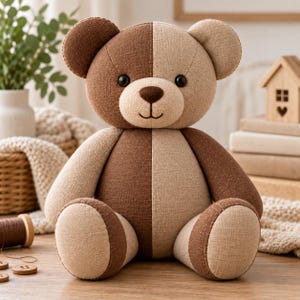 May include: A plush teddy bear constructed from alternating panels of dark brown and light beige fabric. The bear features a symmetrical two-tone design, round ears, dark circular eyes, a stitched nose, and a simple embroidered mouth line.