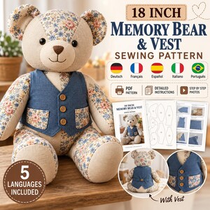 Memory Bear Sewing Pattern PDF, Keepsake Teddy Bear with Vest and Collar, 5 Sizes 10–18 Inch, Digital Download
