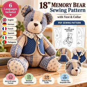 18 Inch Memory Bear Sewing Pattern PDF with Vest & Collar, 6 Languages, A4 US Letter