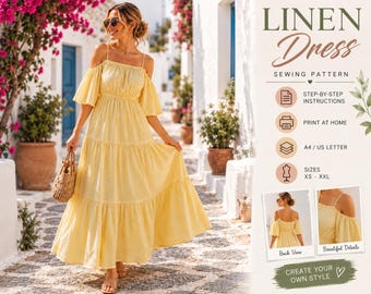 Milkmaid Dress Sewing Pattern, Tiered Maxi, Cold Shoulder Flared Sleeves PDF