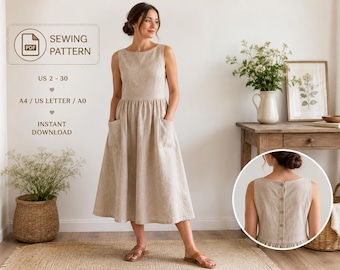 Linen Dress Sewing Pattern, Sleeveless Summer Sundress, Princess Seam, PDF