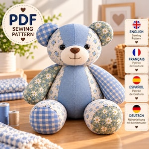 Memory Bear Sewing Pattern PDF, Patchwork Teddy Bear, Keepsake Bear Pattern, Memory Clothing Bear, A4 US Letter, A0 Projector
