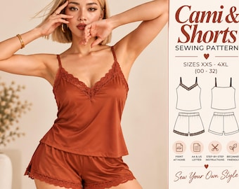 Two Piece Pajama Sewing Pattern, Cami Top Pattern, Satin Pajama Pattern, Lace Trim Cami, XXS-4XL PDF