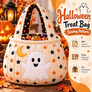 Mönster för sömnadsväska med spök-Halloweenmotiv, quiltad bus-or-treat-väska, spökapplikation i PDF-format, A4 US Letter A0, direktnedladdning
