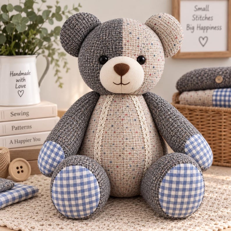 May include: A stuffed teddy bear featuring a split-color design with dark gray textured fabric on one side and light beige speckled fabric on the other. It has a cream-colored muzzle, a brown nose, and blue and white gingham patches on its feet.