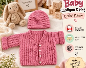 Crochet Baby Cardigan and Beanie Pattern | 3-4 Month Ribbed Set (Digital Download)