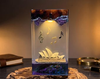 Opernhaus-Harz-Lampe, Musiknote Epoxy Holz Nachtlicht, handgemachtes Kunstdekor, einzigartiges Geschenk für Musik- und Filmfans