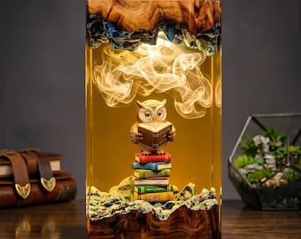 Reading Owl Resin Lamp, Bookshelf Figurine Decor, Handmade Night Light, Charming Gift for Avid Readers, Writers and Book Fans
