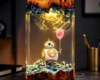 Milchstraße Harz-Lampe mit Baby Alien und entzückende Ballon-Roboter-Szene, Fantasy Space Decor Geschenk für Fans