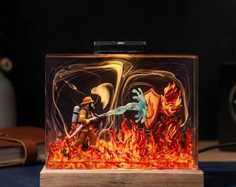 Epische Feuerwehrmann-Rettungs-Harz-Lampe, Feuerwehrmann gegen Flammen-Dämon-Szene, LED-Nachtlicht-Geschenk für Papa, Feuerwehr-Fans und Sammler