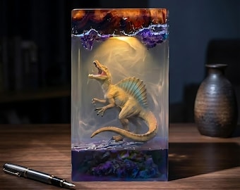 Spinosaurus Harz-Lampe, Dinosaurier Epoxy Holz Nachtlicht, handgemachtes Jurassic Decor, prähistorisches Geschenk für Dino-Liebhaber Schlafzimmer Ambient Art