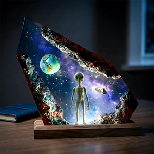 May include: A resin sculpture depicting an alien, spaceship, and planet within a galaxy scene. The artwork is set within a geometric frame and mounted on a wooden base, creating a unique decorative piece.